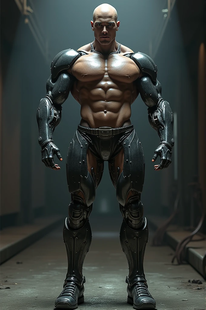 Muscular male android, half human and half robot.
