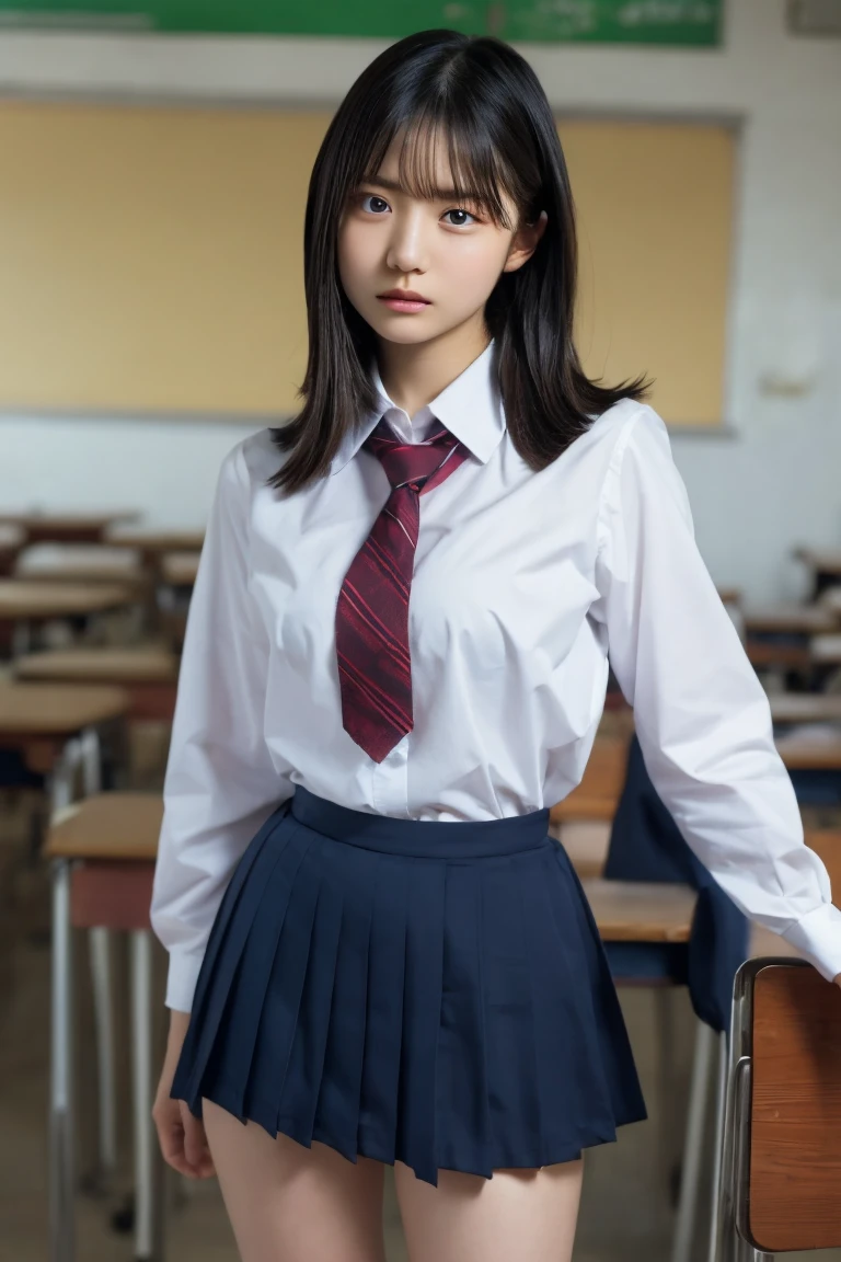 bursting breast,cleavage,Browsing Caution,Highest quality,Ultra-high resolution,1 person,whole body,Black hair, cool expression,Looking into the camera,Beautiful and elaborate face,Fine and beautiful skin,Skin Texture,high school student,uniform, tie,Small breasts,Checked mini skirt,Classroom after school,Standing pose