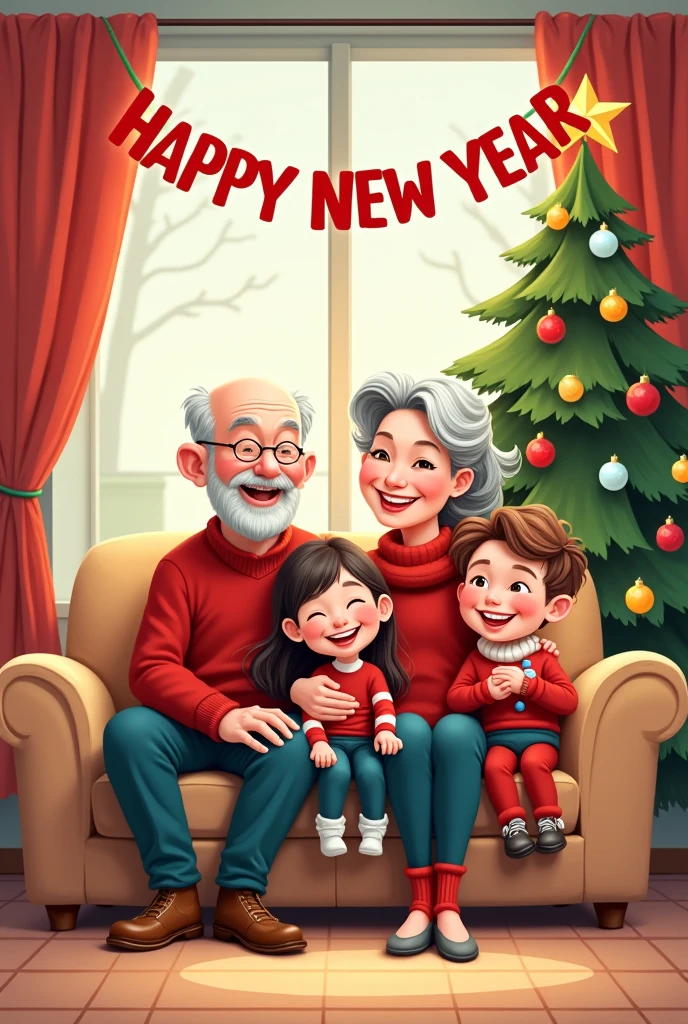 Vector drawn image outlined in black for the drawing, in landscape mode, a grandfather and grandmother sitting on a sofa, happy with their eldest daughter, and in front of them their grandchildren, a girl and a boy, are playing, and everyone is wearing Christmas clothes, and a Christmas tree in the background and a banner written on it, Happy New Year ,The picture is drawn as a caricature, using vector and colored linear drawings.