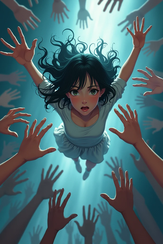 Anime girl in her early 20s, she's falling as hundreds of hands try to grab her