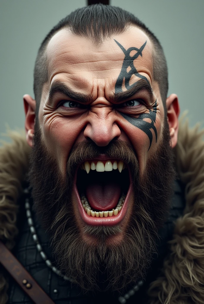 Realistic Viking warrior face screaming with teeth bared with a Norse tattoo around his eye and with his eyes open
