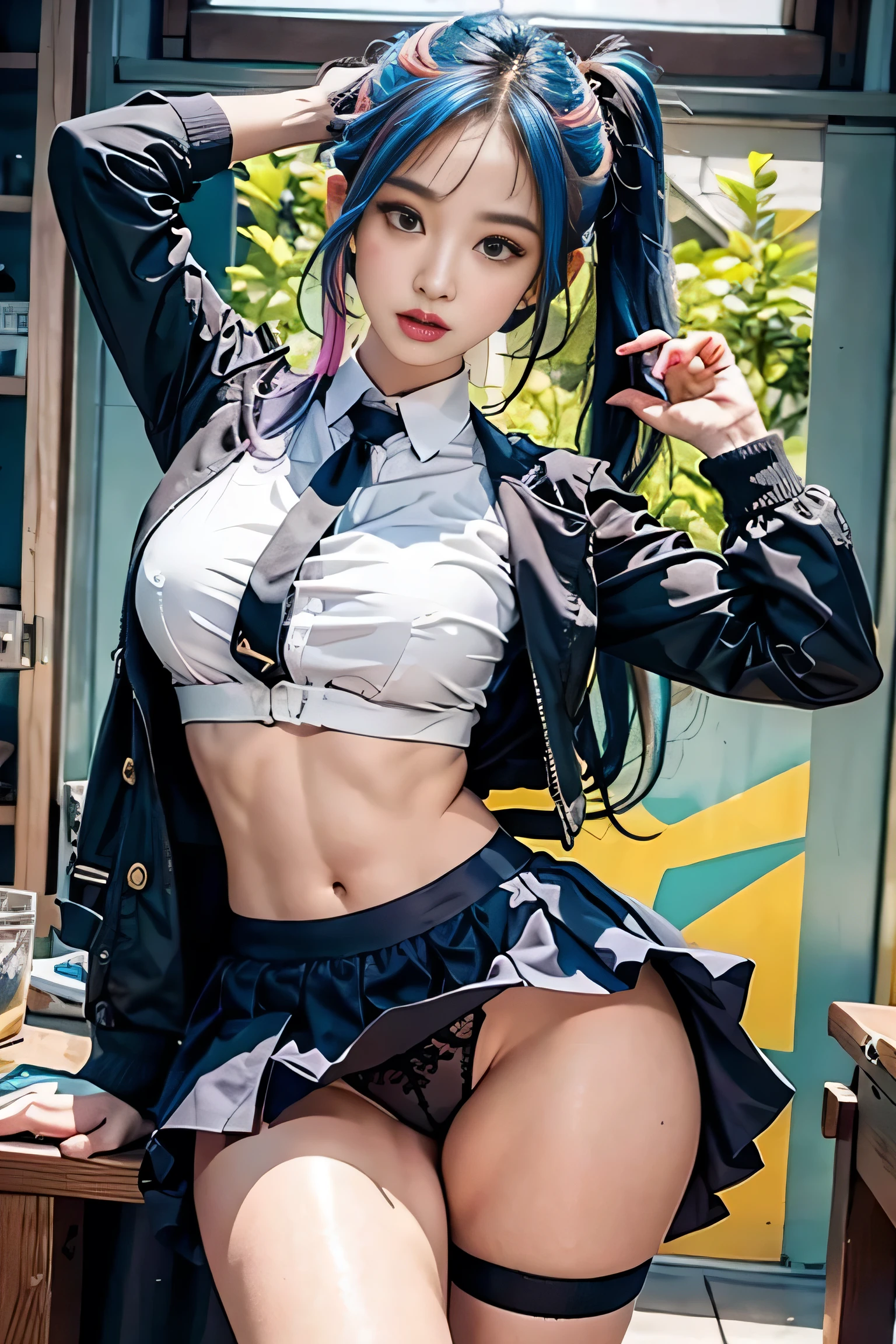 Photorealistic, High resolution, Soft light,1womanl, Solo, hips up high,((posterior view)), (Detailed face),The tattoo, Jewelry, Current School Classrooms,On the podium,Wear a uniform、(Black flared skirt),Bigchest,low chest, Long hair、((poneyTail))、((up skirt))、((mix4))、((appearance々Colored panties))、((Farbe々Colored hair))