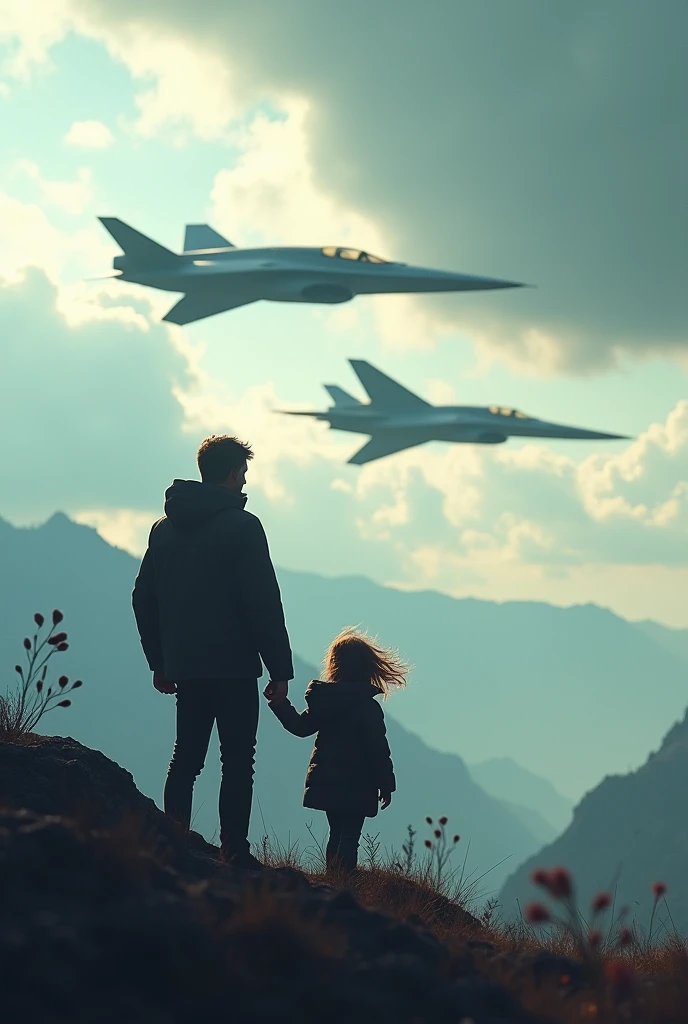 A couple Fighter Spaceship flying over a silhouette of a father and daughter from Vietnam who are standing on a mountain with the wind blowing the daughters hair and the fathers jacket, concept art wallpaper 4k, sci-fi fantasy wallpaper, sci fi artwork, detailed sci-fi art, beautiful sci fi art, spaceships in the cloudy sky, concept art artwork masterpiece, concept art 4k, concept art 4 k, sci fi concept art, mystical sci-fi concept art