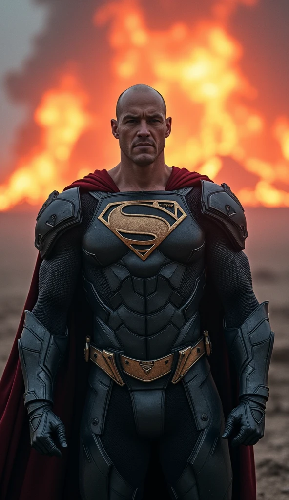{ 
  "subject": "A 2, bald Lex Luthor wearing an armor reminiscent of Darkseid, the New God of Apokolips, with a smooth, youthful face, facing forward and looking directly at the viewer", 
  "type": "photorealistic image", 
  "environment": "apocalyptic landscape with a massive, burning skyline, inspired by Zack Snyder's films", 
  "art_style": "hyper-realistic", 
  "inspirations": "Greg Rutkowski, Beeple, Simon Stålenhag, Zack Snyder", 
  "camera": "Canon EOS R5", 
  "lens": "Canon RF 85mm F1.2L", 
  "shot": "medium close-up shot, focused on the unarmored, youthful face and the imposing, dark armor", 
  "render_details": "{crisp details, ultra-high-definition, armor textures resembling ancient stone and metal}", 
  "lighting": "cinematic lighting, with deep shadows and fiery highlights reflecting off the armor", 
  "filters": "desaturated tones with emphasis on blacks and reds, slight bloom effect", 
  "resolution": "8K resolution"
}