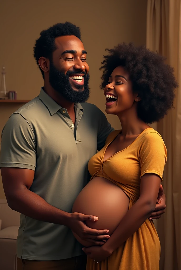 Bearded white man laughing with pregnant black woman 