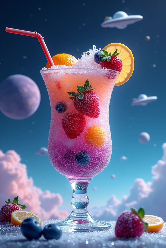 Realism frozen cocktail, vibing colors, with fruits, space at background, spaceship in the glass, spacecrafts