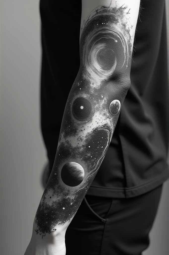 Forearm tattoo about space only with black ink
