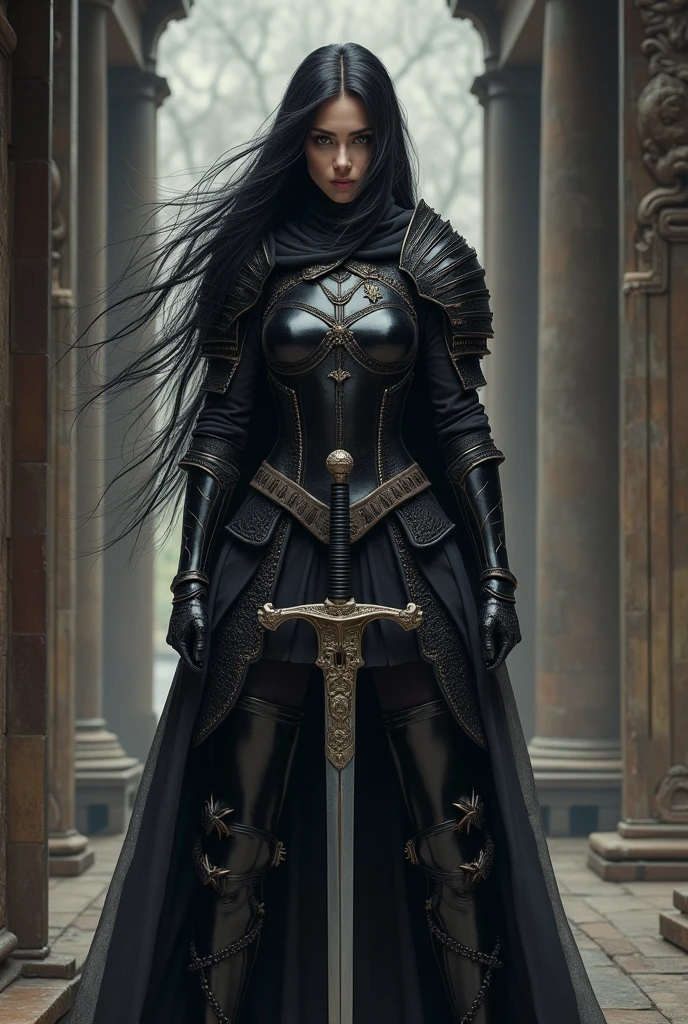 a one woman, warrioress, with long black hair, using black armor, not gothic style, carrying a sword, inside a typical castle.