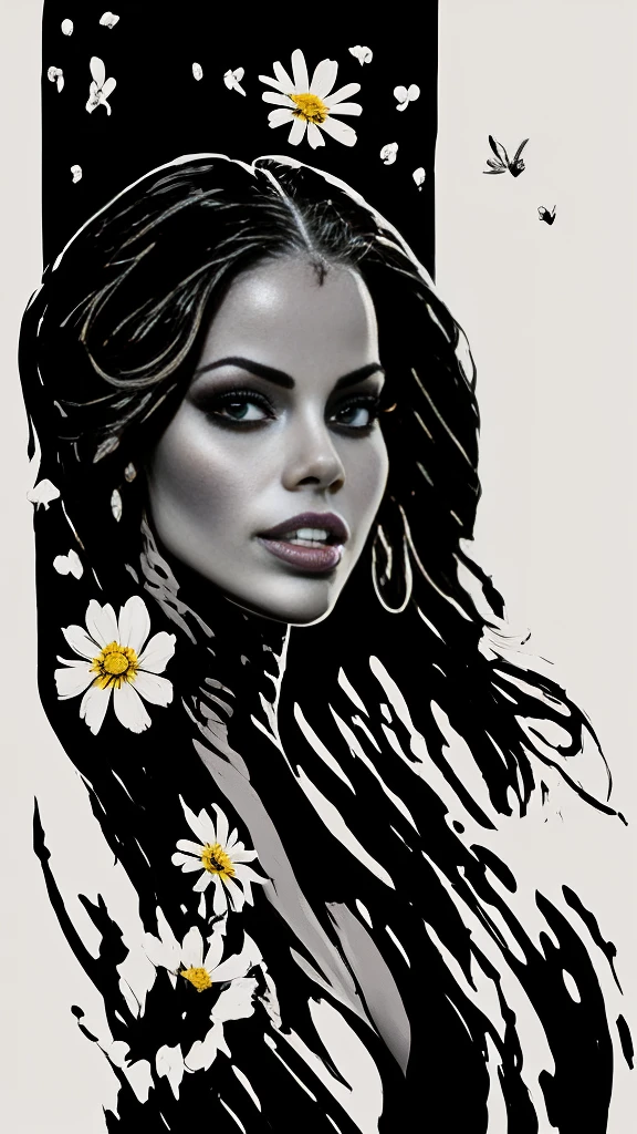 Adult Film Actress Daisy Marie as minima2023, 34dd's, hourglass figure, sexy seductive stare, seductive smile, naughty_alluring face,  accurate_perfect face and eye's, centered, black and white illustration, sketch, white background, negative space, simple tattoo, line art, simple drawing, StacyHiggins  with flowers,
aodaimong, khongbra, posing for photo, holding a cloth, 