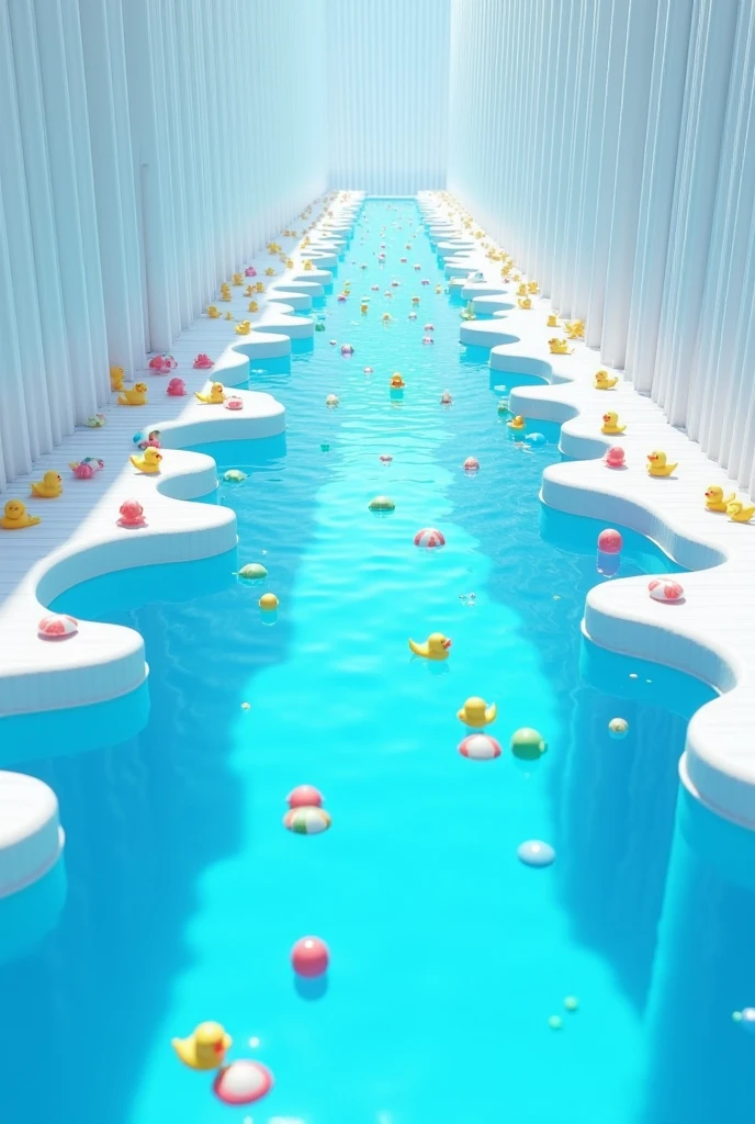 Game scenario with white-striped walls where there are many pools with blue water, ultra realisitic. These pools are so many that they seem endless and have little toys like rubber pool ducks., and buoys.