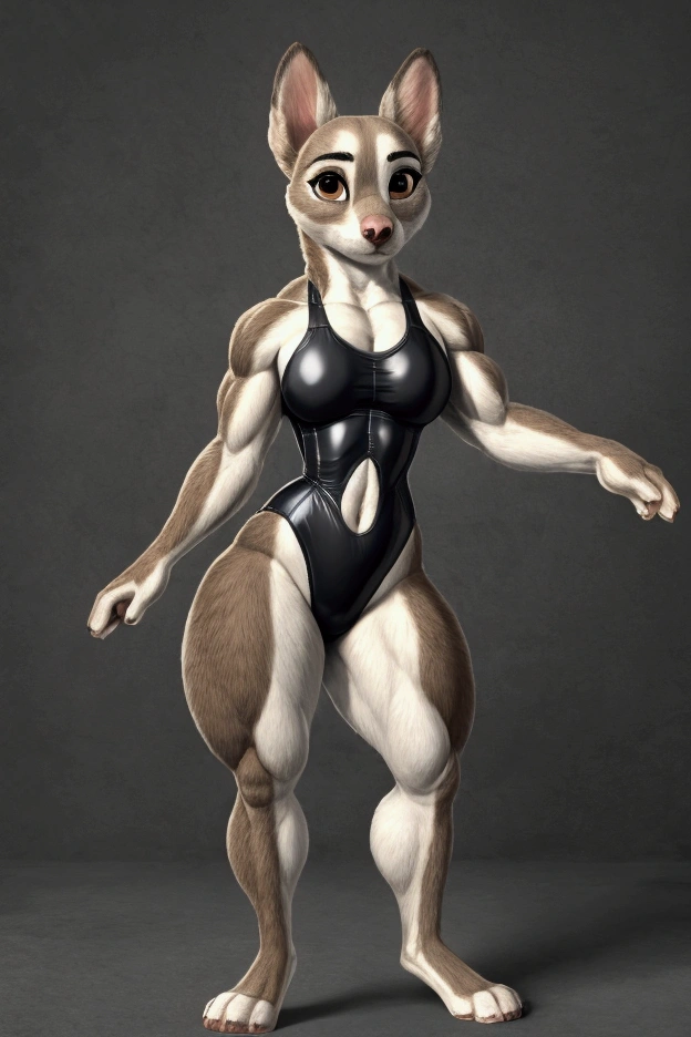 Small female dog with big muscles , Huge and gigantic black and white fur and beautiful brown eyes and a full body swimsuit and is .