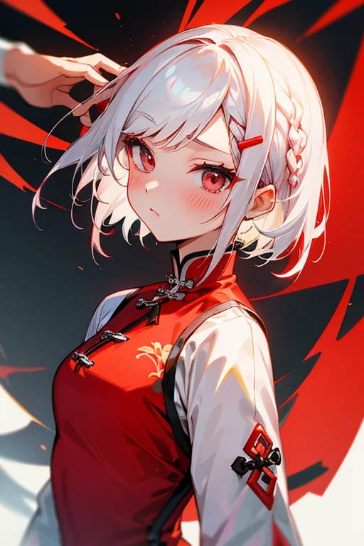 Short white hair, blush, (China dress)、Punk Fashion、Headbang 2.、White and red clothes、Braiding、2 hair clips、