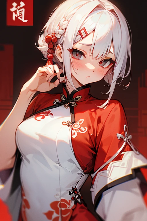 Short white hair, blush, (China dress)、Punk Fashion、Headbang 2.、White and red clothes、Braiding、2 hair clips、