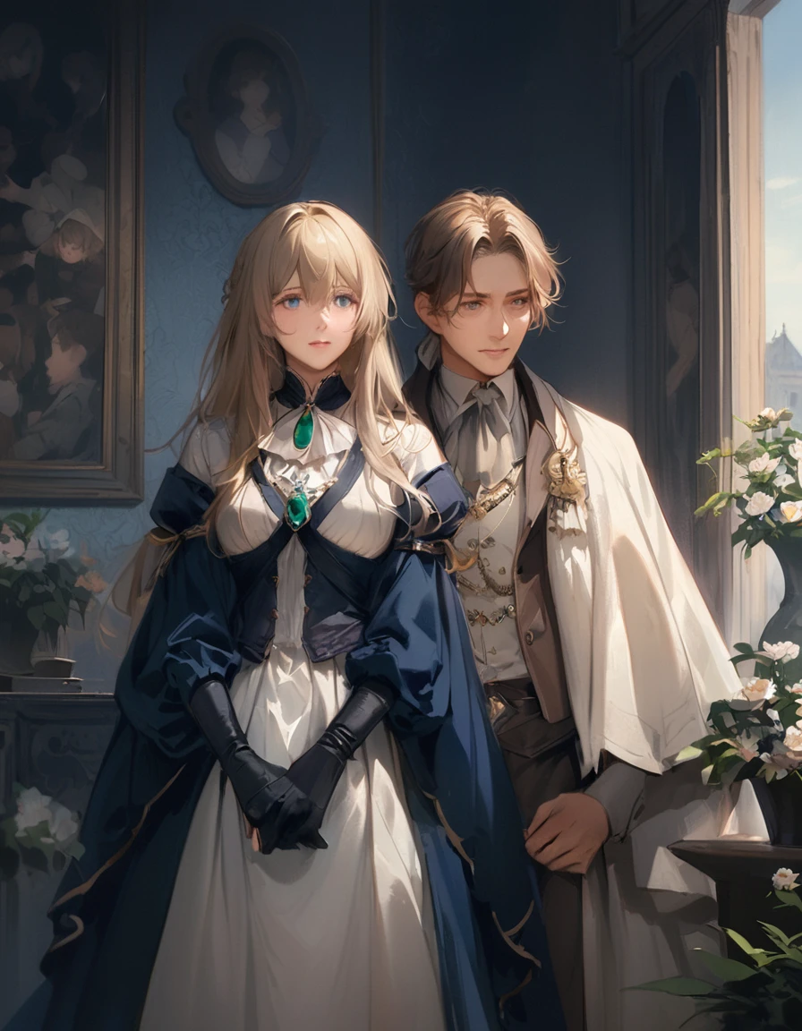 France in the 1890s。The main character of Violet Evergarden has blonde shoulder-length hair with a red ribbon.。She is wearing a classical aristocratic outfit based on ultramarine blue, with a white ribbon on her chest and an emerald necklace in the center.。On both arms, he wears long black leather gloves that reach up to his elbows.。She has very beautiful blue eyes。In the background you can see a slightly blurred French garden.。She always looks sad and lonely。Beautiful and realistic photos.。Walking far away。She is wearing a white flared skirt.。It&#39;s like a painting.。Vivid depiction。animation。