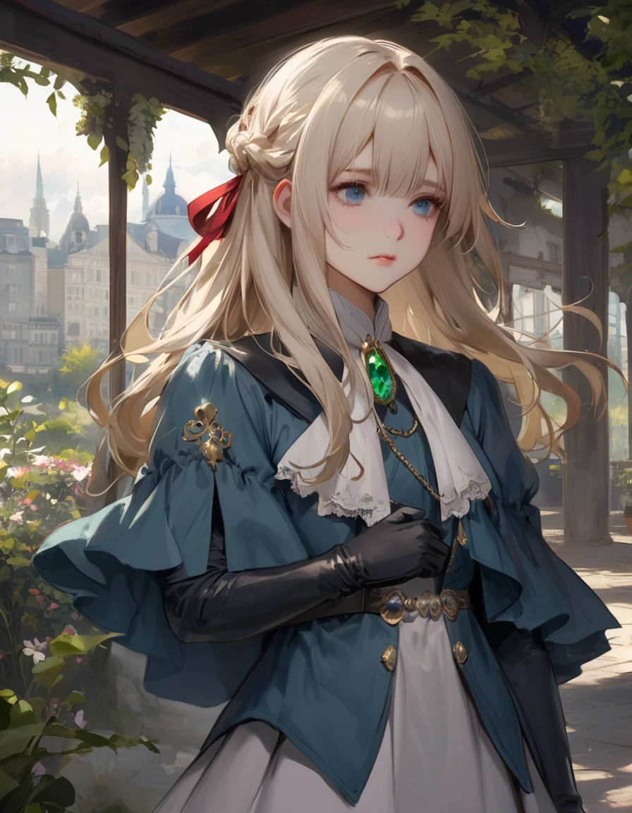 France in the 1890s。The main character of Violet Evergarden has blonde shoulder-length hair with a red ribbon.。She is wearing a classical aristocratic outfit based on ultramarine blue, with a white ribbon on her chest and an emerald necklace in the center.。On both arms, he wears long black leather gloves that reach up to his elbows.。She has very beautiful blue eyes。In the background you can see a slightly blurred French garden.。She always looks sad and lonely。Beautiful and realistic photos.。Walking far away。She is wearing a white flared skirt.。It's like a painting.。Vivid depiction。animation。