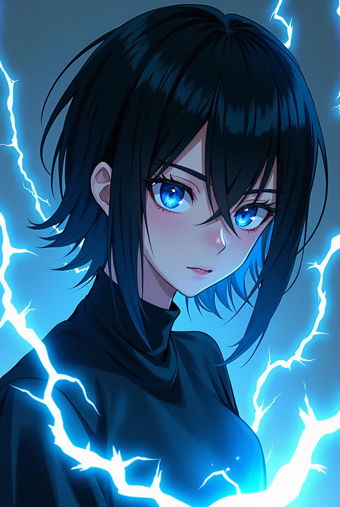 adult with black hair, electric blue eyes, black clothes, Tez blanca, with manga style electrical powers