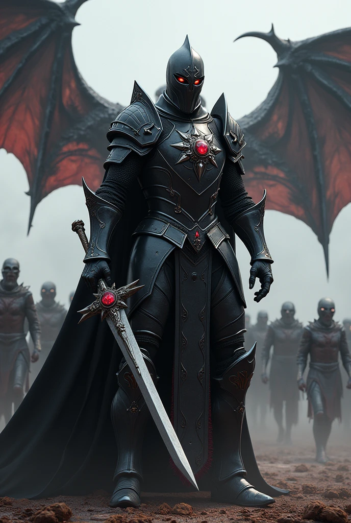 knight wearing black armor with ruby stones , wielding an enchanted deathblade , behind him there is an army of zombies and a flying zombie dragon