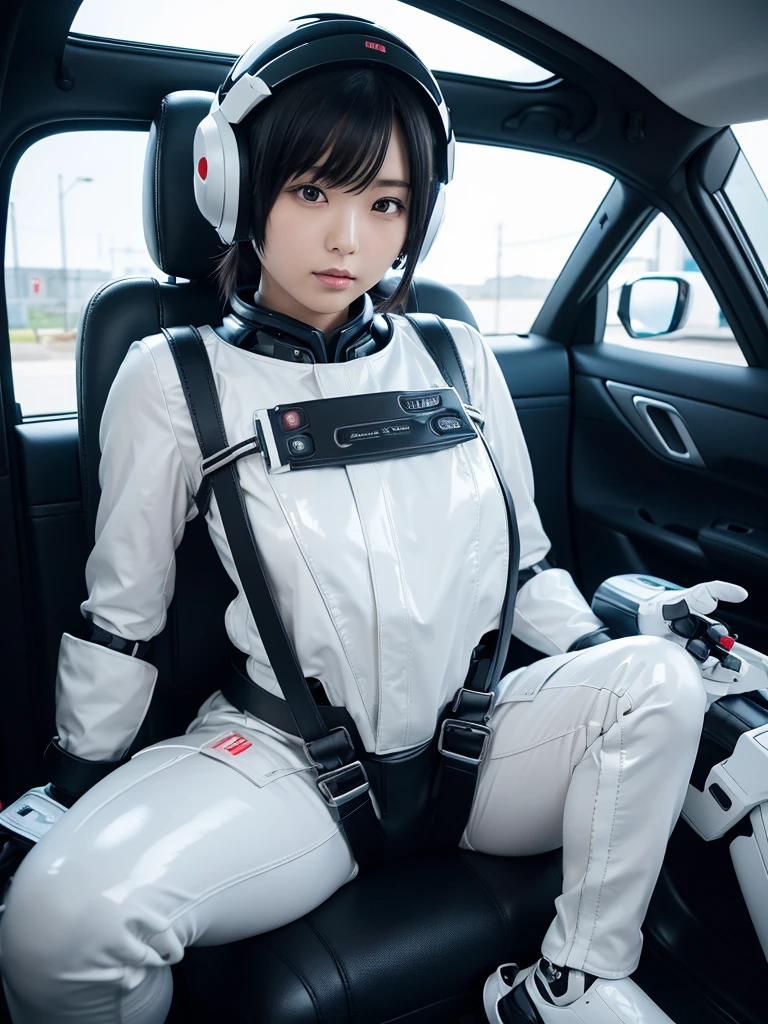 Japanese female android,Black Hair,capsule,The person is completely secured in the seat with the backrest reclined by a thick harness belt.,Plump,Spread your legs,Squat,Shiny white robot suit,Surrounded by switches and monitors,A helmet that completely covers the head,
