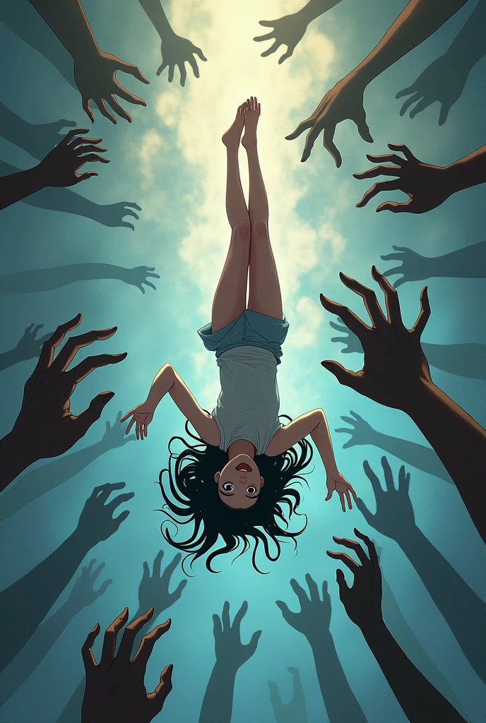 Anime girl in her early 20s, she's falling upsidedown as hundreds of hands try to grab her