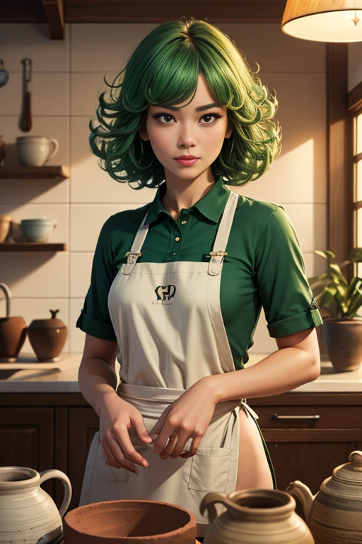 Tatsumaki making ceramics, wearing an apron with no bra, sexy,green hair, short hair, curly hair, clay pot, ceramics surround her, ceramic ring, golden hour lighting, realistic, photorealistic, photo-realistic:1.37, (best quality,4k,8k,highres,masterpiece:1.2),ultra-detailed,HDR,vivid colors,studio lighting,extreme detail description