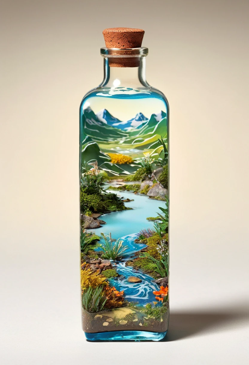 Small world in a box-boiter type bottle, fantastic realistic landscape, detailed images, light color background.
