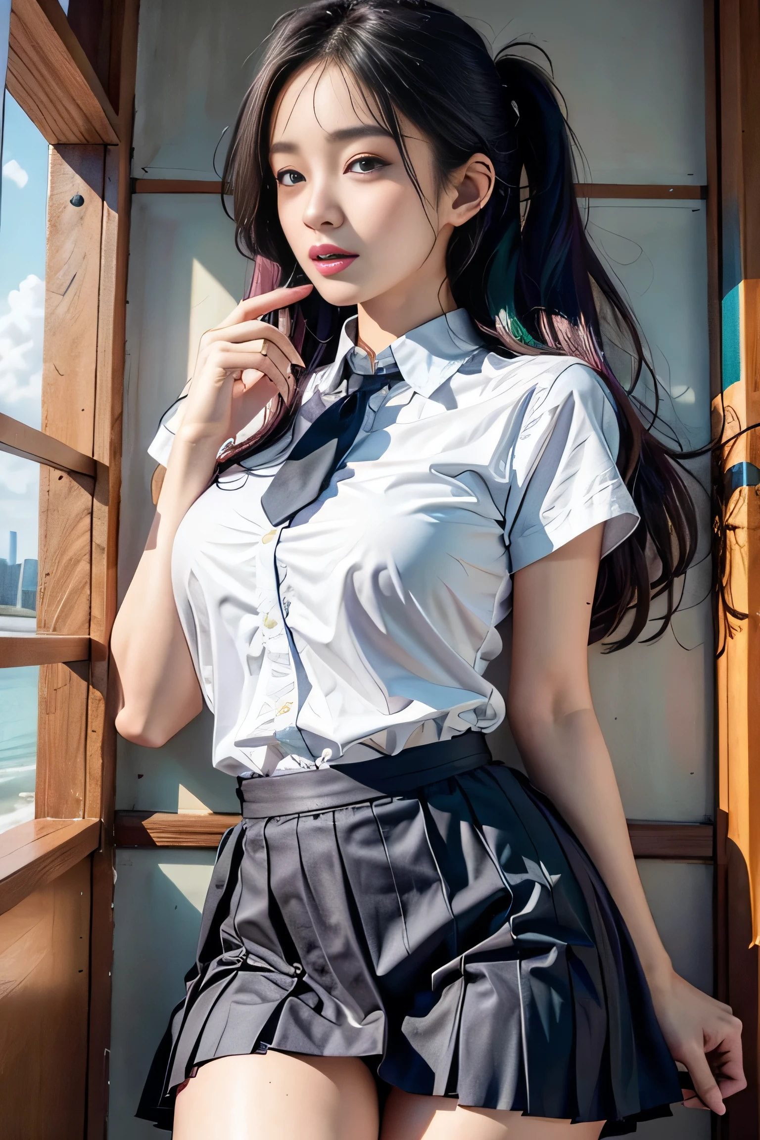 Photorealistic, High resolution, Soft light,1womanl, Solo, hips up high, (Detailed face),The tattoo, Jewelry, Current School Classrooms，On the podium，Wear a uniform、（Black flared skirt），Bigchest，low chest, Long hair、((poneyTail))、((up skirt)）、（(mix４)）、((appearance々Colored panties)）、((Farbe々Colored hair)）