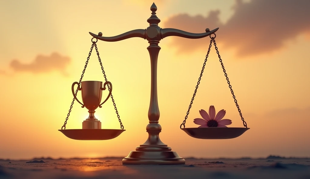 A scale in balance, with one side showing a trophy (pride) and the other side a flower (humility). The background is a sky at dawn, with warm colors (orange and yellow) symbolizing new beginnings.