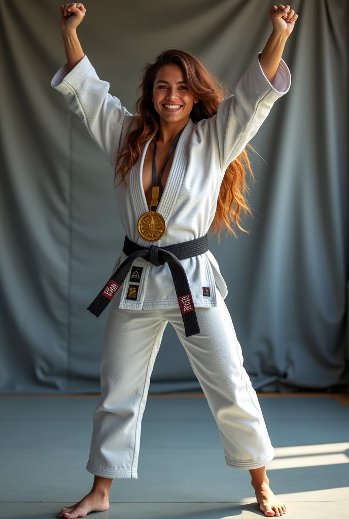 A Brazilian woman, de cabelos castanhos, eyes browns, curtain, Atleta of Jiu Jitsu. The woman was in the middle of the mat with her arms stretched out upwards., his hand was closed, she was wearing a Jiu Jitsu kimono. she is smiling, I was happy, there was a gold medal on his chest.