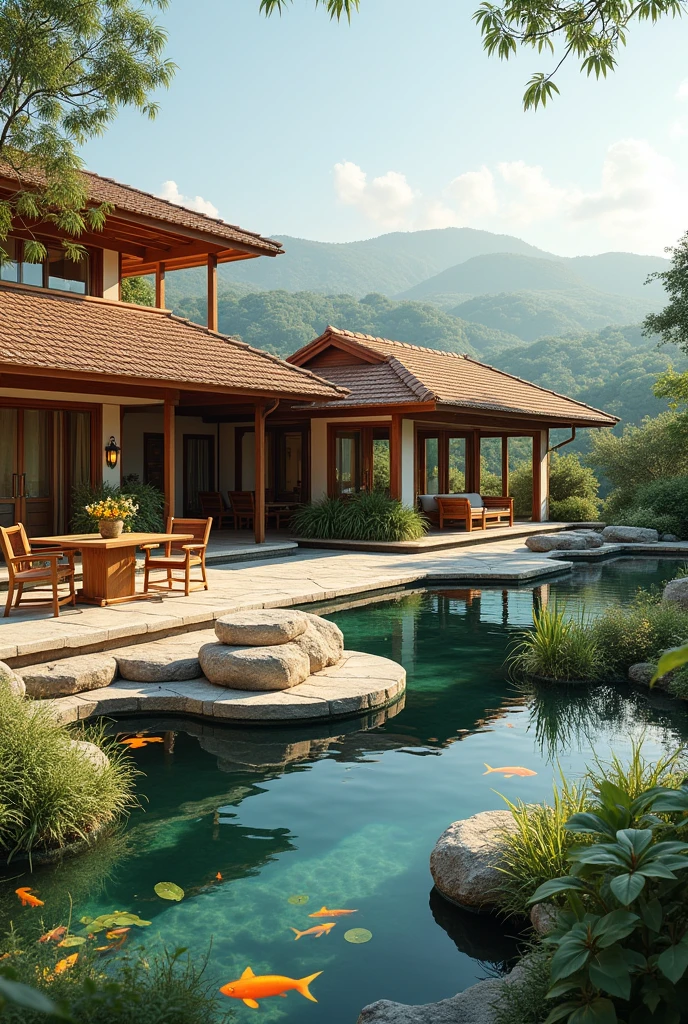 Please help me draw a 200 square meter villa on one floor in the countryside。It has a fish pond and a balcony,Balcony corridor with wooden seats and table,With sun room,Wooden gazebo