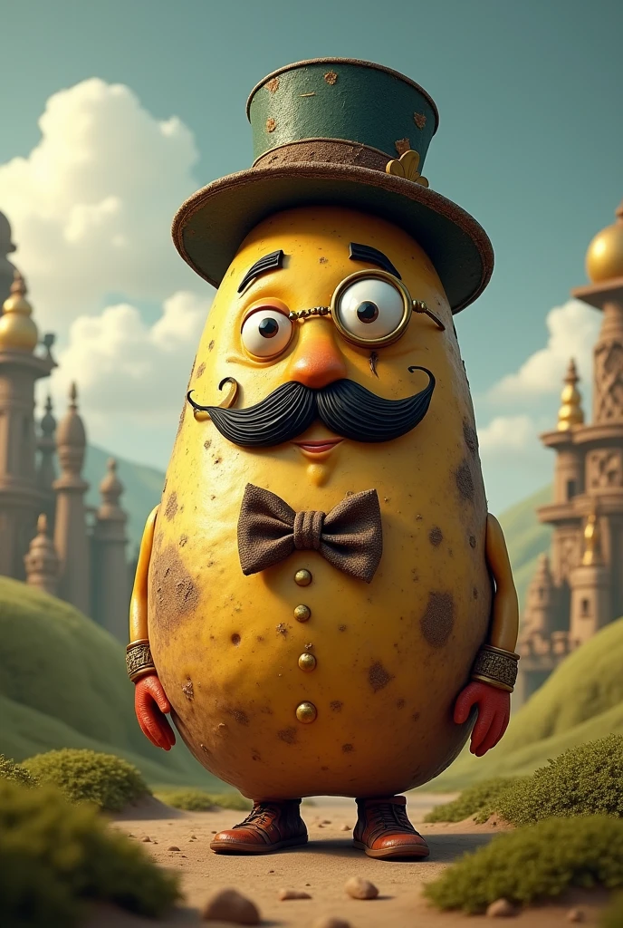 Hello! You could create a god of a religion that is a living potato that wears a mustache? I would like you to wear a hat, monocle and a bow