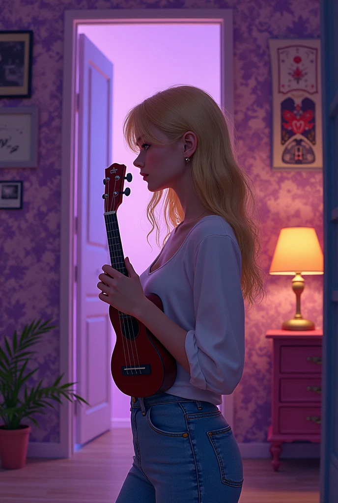 A blonde girl standing sideways with her face unseen with a ukulele and a purple room
