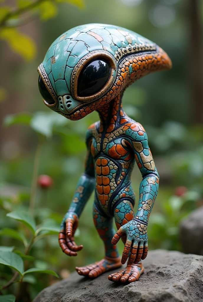 Ceramic Alien, Diffuse lighting, fantasy, complex, Colorful grid suit, elegant, Very detailed, Artworks of Yoshitaka Amano, Garden Background