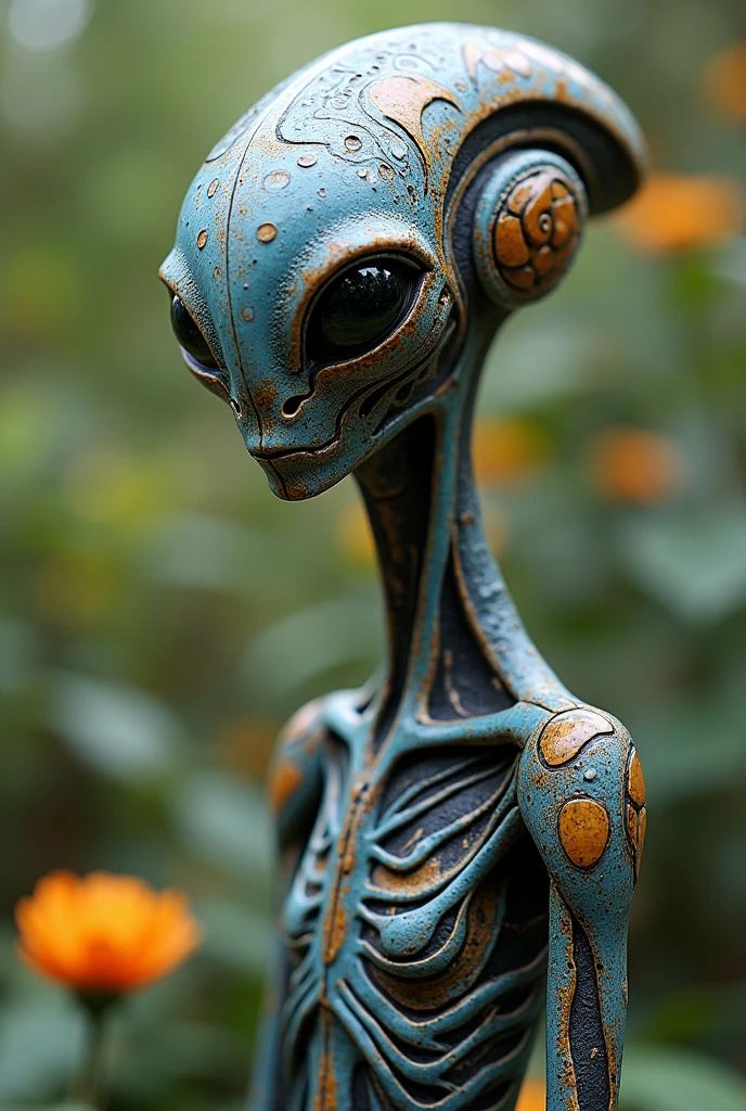 Ceramic Alien, Diffuse lighting, fantasy, complex, Colorful grid suit, elegant, Very detailed, Artworks of Yoshitaka Amano, Garden Background