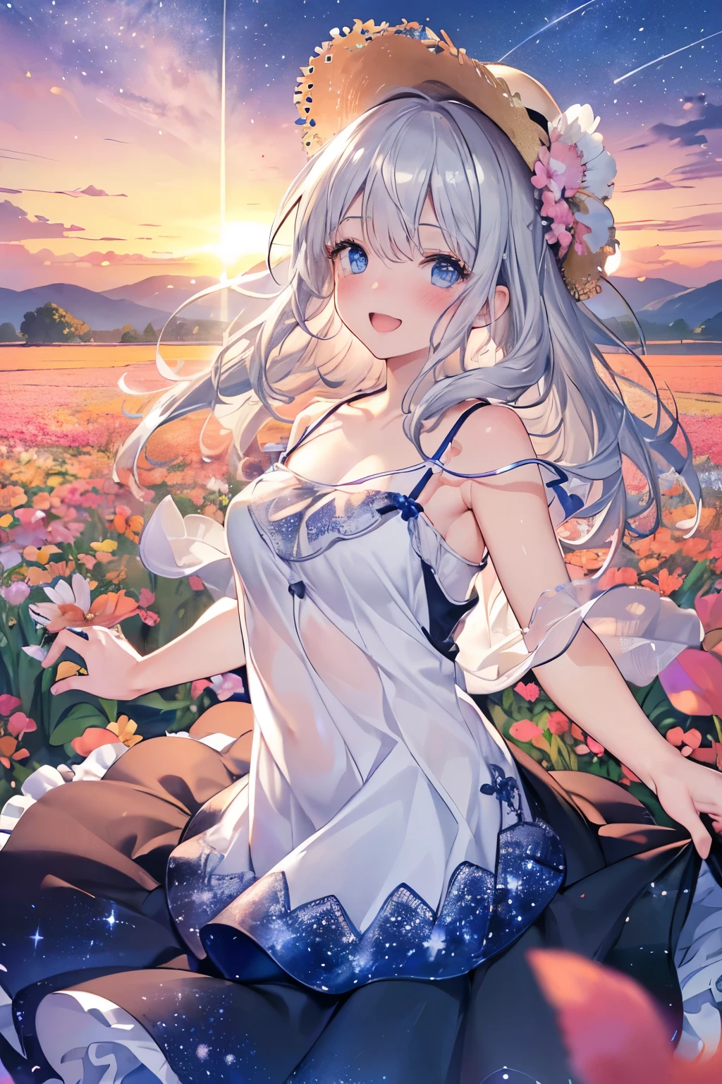 (Best quality,4K,8K,High resolution,Masterpiece:1.2),Super detailed,(Actual, Realistic),highly detailed, top quality, soft skin,Portrait,
break,
((clear blue eyes:1.2)),smiling eyes,beautiful eyelashes,beautiful lower eyelashes,
break,
((Beautiful and shiny silver hair:1.3)),A dazzling smile, a bursting smile, an open mouth laugh,((blush:1.3)),
break,
very happily,
break,
((camisole dress,patterned t-shirt:1.3)),flowered straw hat,
break,
((A large amount of petals of various kinds are dancing:1.3)),
break,
((Beautiful sunset starry sky in the flower field:1.3)),((bust shot)),zoom in