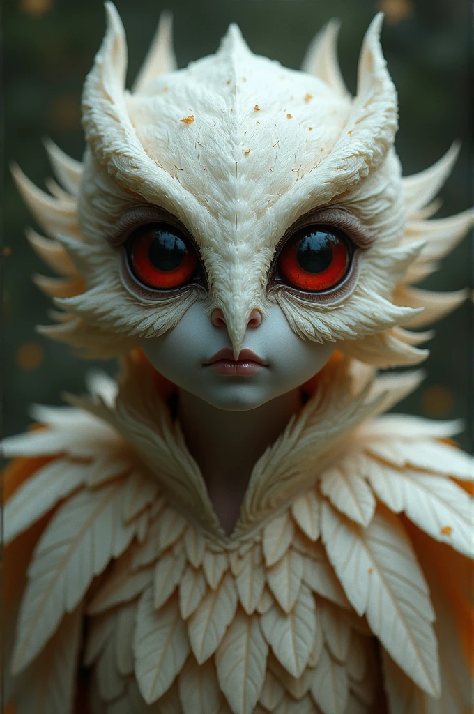 a little avian demon girl, with light brown feathers and her face is like an owl's white mask with big innocent red eyes without apparent pupils