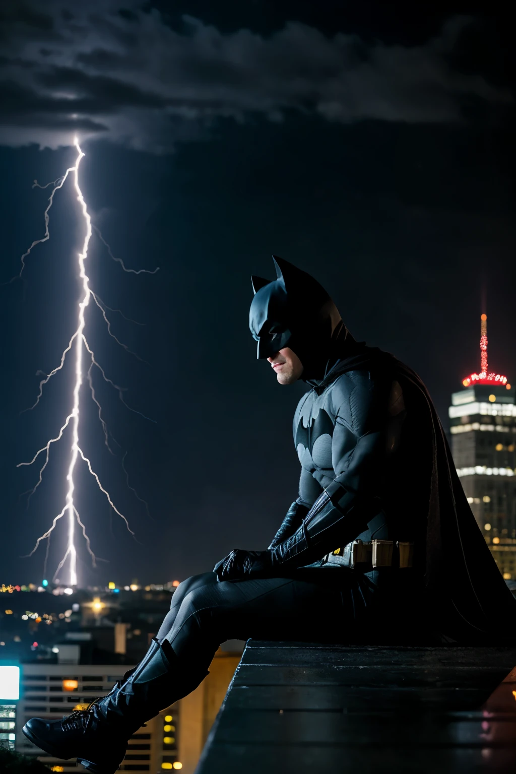 batman sitting on top of a building in raining night with thunder side view