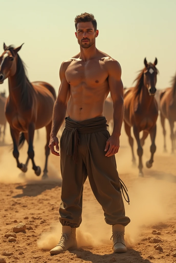 A handsome beautiful slim shirtless white skin man in the desert many horse running behind him