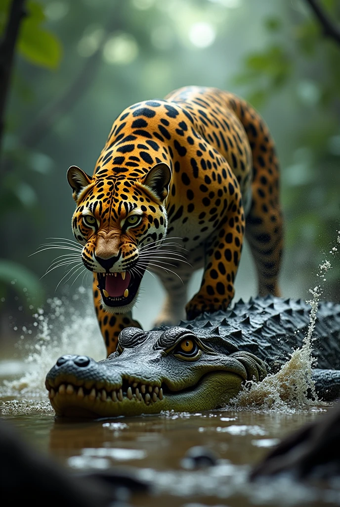 An intense scene depicting a jaguar hunting a crocodile in a riverbank of the Amazon rainforest. The jaguar, with its muscular body and striking coat of golden fur with black rosettes, crouches low and prepares to pounce. Its powerful jaws are open, revealing sharp teeth, as it leaps toward the large, formidable crocodile. The crocodile, with its armored, scaly hide and menacing, gaping mouth, is partially submerged in the murky water, its eyes barely above the surface. The surrounding environme