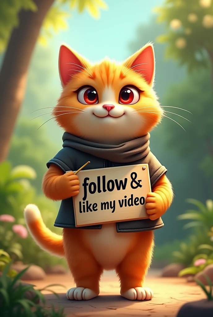 A cute cat character he is fit body and sando shirt with a rainbow-colored face, red eyes, he is like look like a simple but he is king and a friendly smile, wearing a signboard around its neck that reads 'Follow & like my video' in clear, bold text. The cat stands confidently with a playful demeanor. The background is a beautiful natural setting with vibrant greenery, leaves, creating a warm and inviting atmosphere that complements the cat and its sign. he
