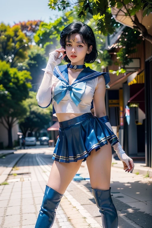 arafed asian woman in a tight white sailor uniform and tiny blue skirt posing for a photo, very sexy pose, elegant seducing pose, sexy look, sultry body, anime girl cosplay, ((tiny blue miniskirt|plaid miniskirt)), ((huge breasts|white sailor uniform)) ((white sailor shirt|blue collar|blue bow)), ((long blue boots|high heels|knee-high)), ((long white gloves|blue stripes)), ((blue choker|sapphire)), ((wearing a golden tiara on forehead)), ((long slender legs)), ((tiny white thong)), 2 female model, beautiful alluring , model with attractive body, sexy body, gorgeous young korean woman, beautiful feminine body, gorgeous young model, young sensual graceful, gorgeous chinese model, ((curly bangs)), ((very dark short hair)), ((black hair in a rough shag)), wavy hair, (masterpiece:1.3), high resolution, ((sailor mercury)),((outdoors,park,bright and sunny))
