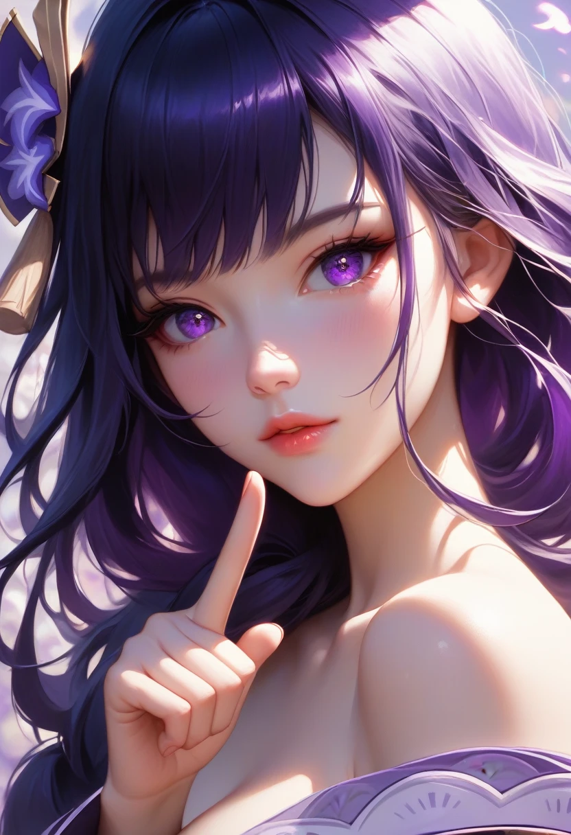 score_9, score_8_superior, score_7_superior,sauce_anime, High-resolution images,masterpiece,Highest quality,girl,Cute Face,Beautiful Skin,_Shogun_Genshin Impact, Purple long hair,One finger raised to his lips