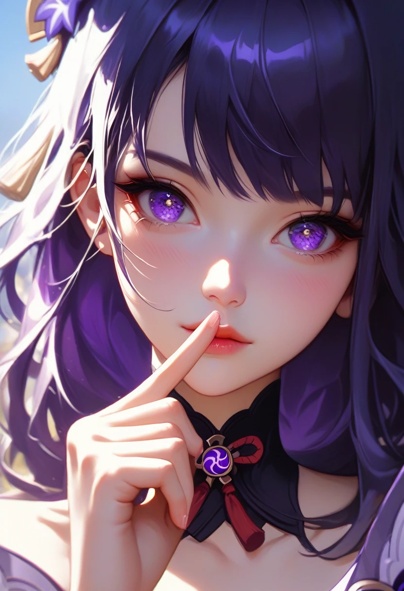 score_9, score_8_superior, score_7_superior,sauce_anime, High-resolution images,masterpiece,Highest quality,girl,Cute Face,Beautiful Skin,_Shogun_Genshin Impact, Purple long hair,One finger raised to his lips