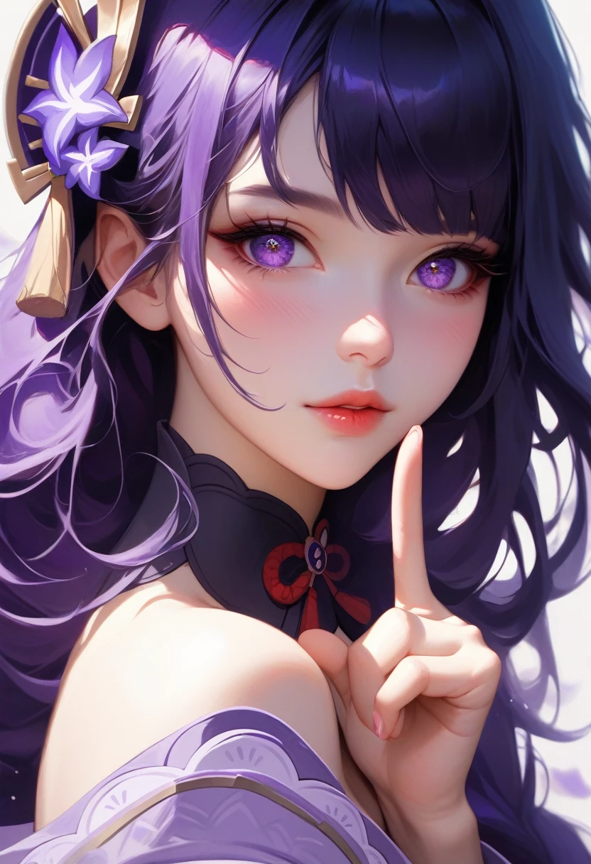 score_9, score_8_superior, score_7_superior,sauce_anime, High-resolution images,masterpiece,Highest quality,girl,Cute Face,Beautiful Skin,_Shogun_Genshin Impact, Purple long hair,One finger raised to his lips