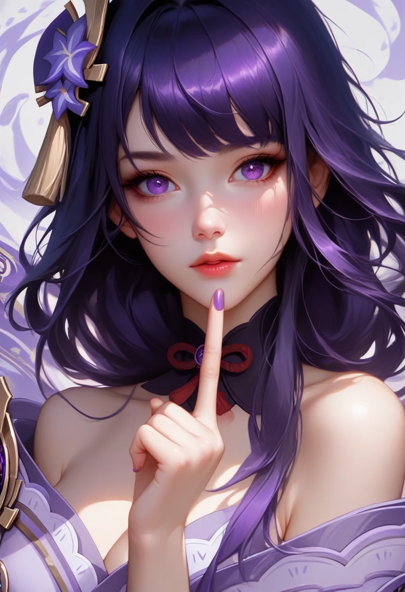 score_9, score_8_superior, score_7_superior,sauce_anime, High-resolution images,masterpiece,Highest quality,girl,Cute Face,Beautiful Skin,_Shogun_Genshin Impact, Purple long hair,One finger raised to his lips