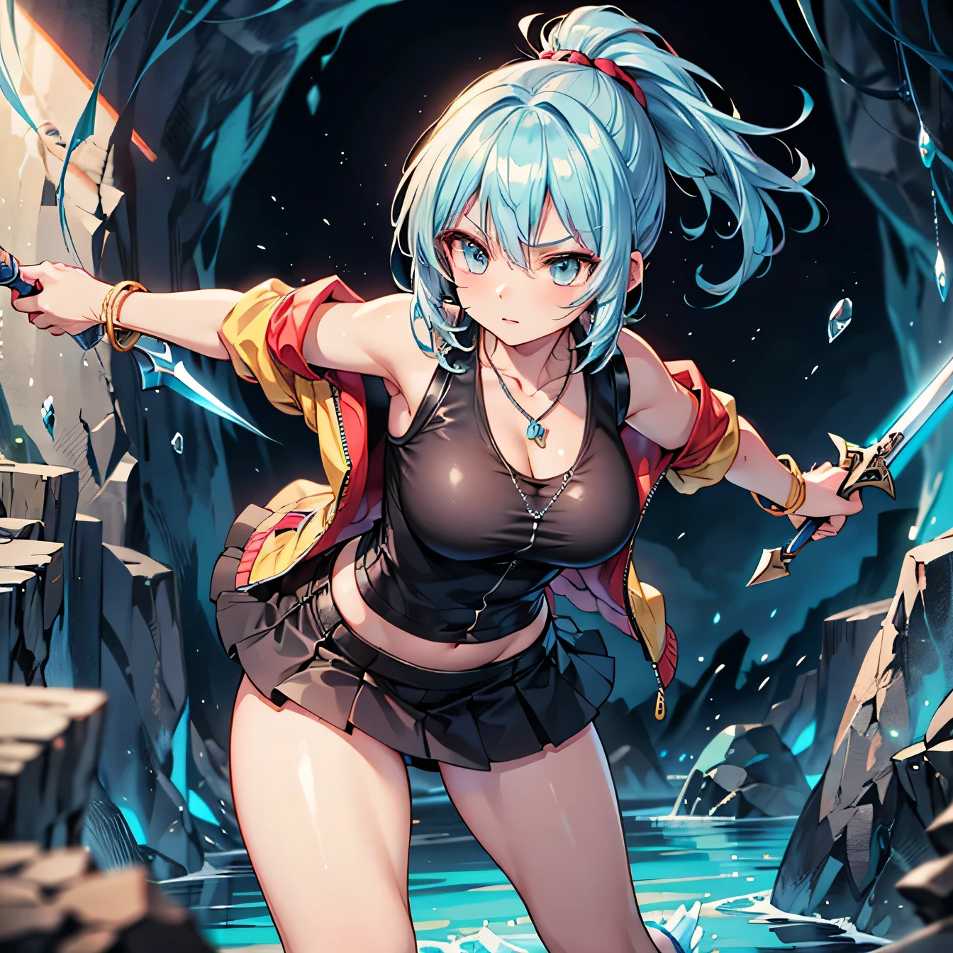 Anime Moe Art Style,Highest quality,High resolution,Anatomically correct,Mid-s,Light blue hair ponytail,Super detailed,Big Breasts,Shiny skin,Beautiful Skin,A rich expression,Serious expression,cave,Sleeveless jacket,mini skirt,Wielding a dagger,Fight monsters,necklace,bracelet,hair ornaments,Eyes drawn in detail,8k