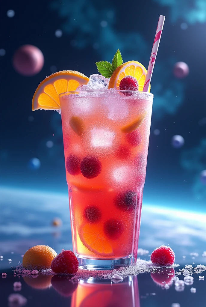 Realism frozen cocktail, vibing colors, with fruits, space at background, spaceship in the glass, spacecrafts, plastic glass