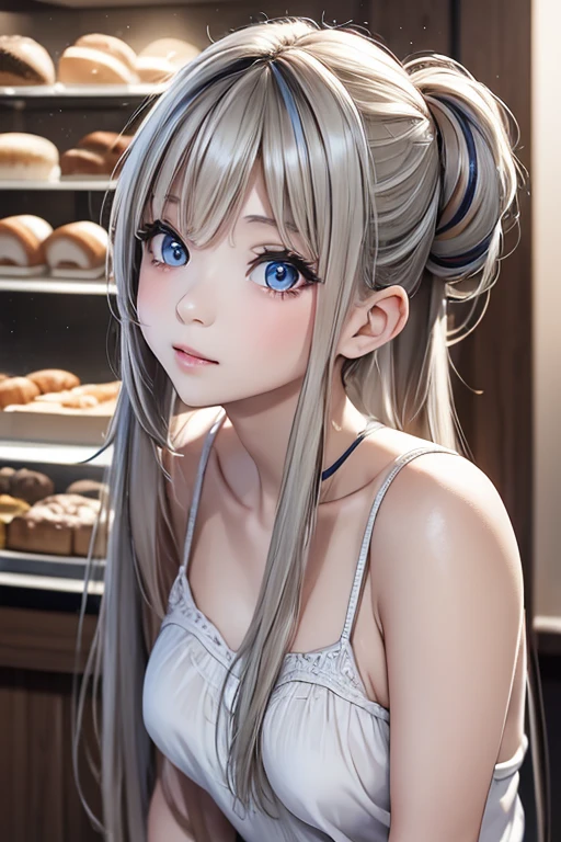 master piece,highres,4k.8k,Lifelike:1.2,Close-to-reality1.5,
full body,
Greige hair, ((highlights hair, Blue streaked hair:1.0)),
long hair,swept bangs,topknot,
glamorous,
mischievous,eighteen years old,
full body,full body,full body,
break,
ワンピース,ロング,タイト,
bakery,bakery,bakery,