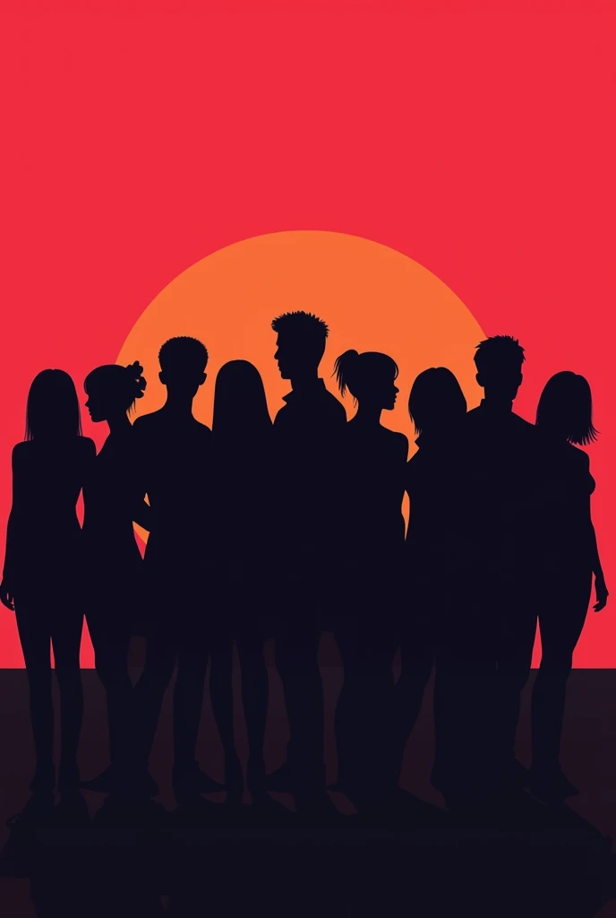 Generate me an image with 10 silhouette of people together color only the silhouette of people