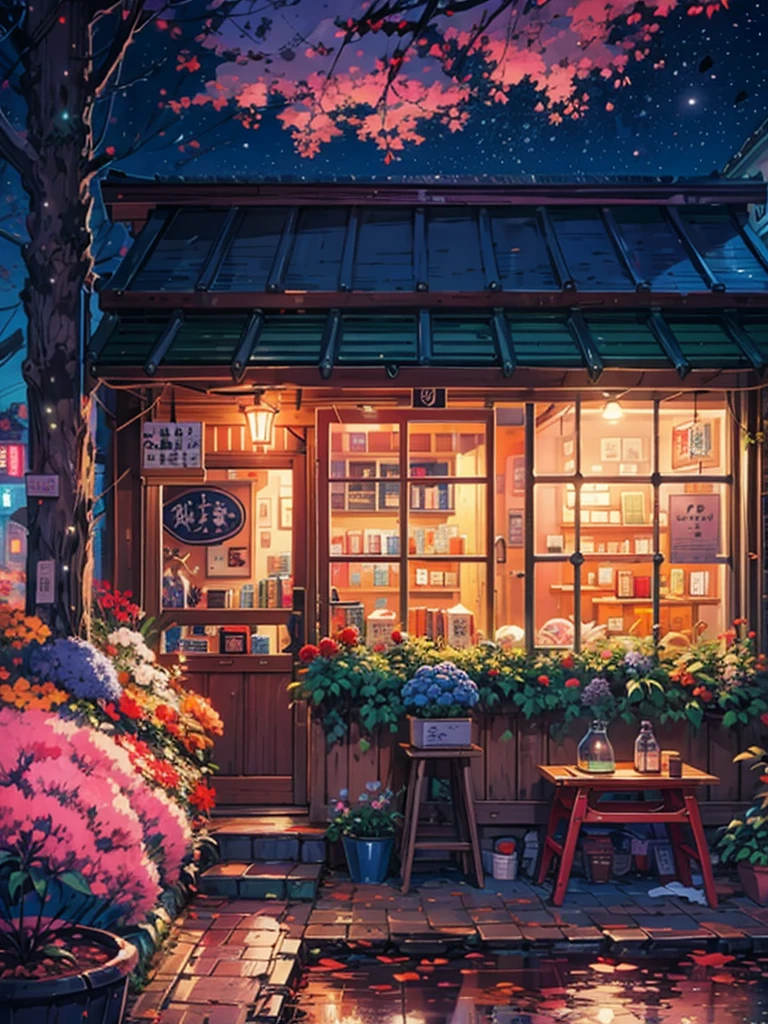 A one-man shop that lights up at night, Night Sky, street, Bookstore background, cozy atmosphere, Night Village Background, Warm home background, cool atmosphere, pleasant cozy atmosphere, Japanese town at night, Ghibli atmosphere, Lofi aesthetics, cozy place, Anime wallpapers, Anime landscape, 32K, high dynamic range, Ultra high quality