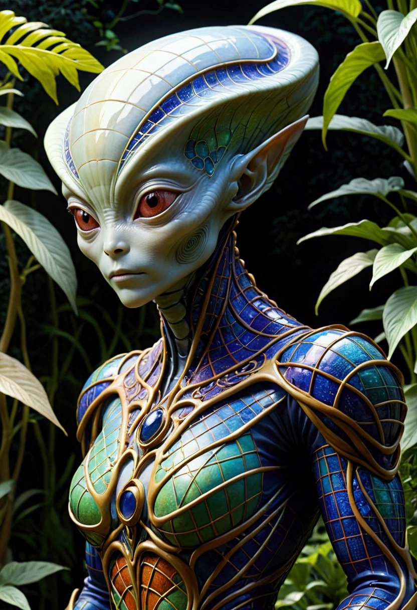 Ceramic Alien, Diffuse lighting, fantasy, complex, Colorful grid suit, elegant, Very detailed, Artworks of Yoshitaka Amano, Garden Background,(Best quality,4K,8k,high resolution,masterpiece:1.2),Ultra-detailed,Movie-grade lighting,Dramatic shadows,warm color,spirit,magic,